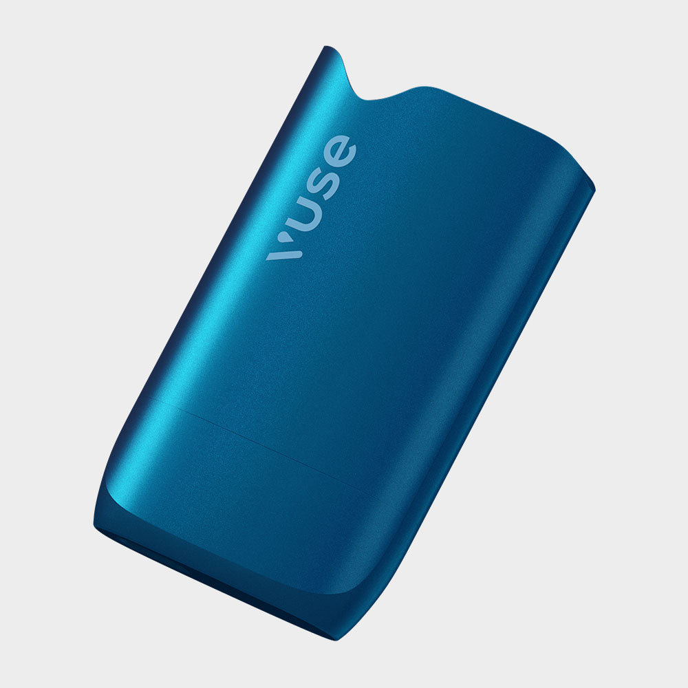 A sleek, blue Vuse electronic vape device with a matte finish, shown at an angle on a plain light gray background. The Vuse logo is visible on the upper side of the device.