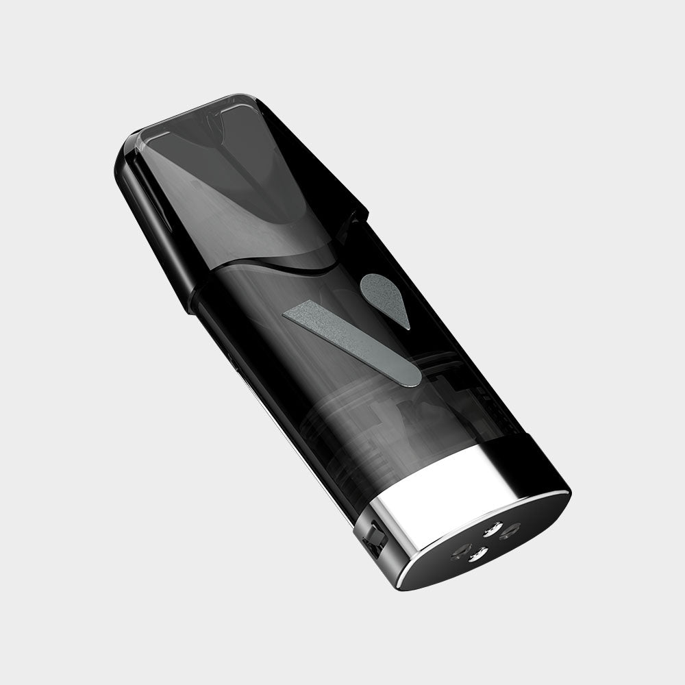A sleek, black, cylindrical electronic device with a transparent section, metallic base, and minimalist design, photographed against a light gray background.
