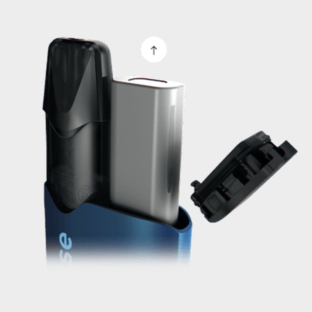 A close-up of a modern electronic device with a black mouthpiece, a metallic body, and a detachable black cover. The cover is shown lifted off, and an upward arrow indicates removal. The background is light gray.